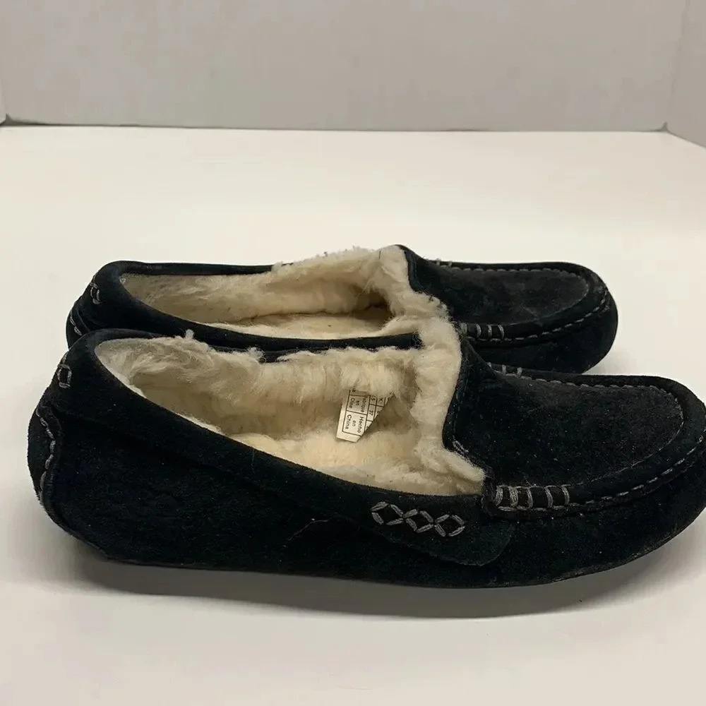 Ugg Ansley Slippers Suede Slip On Shearling Lined Moccasins Shoes Black Size 6 - Picture 4 of 12